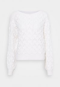 Biały sweter z dzianiny z teksturowanym wzorem diamentów i kropli, okrągłym dekoltem oraz ściągaczami na mankietach i hemie.