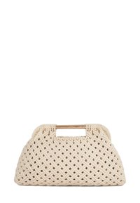 Woven beige handbag with a structured shape and a gold-tone metal handle. Features an intricate crisscross pattern and soft texture.