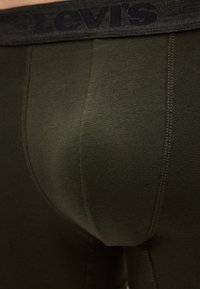 Κοντινή λήψη ανδρικών μπόξερ σε ελιά πράσινο με μαύρη ελαστική ζώνη μέσης με το λογότυπο Levi's και εμφανείς ραφές.