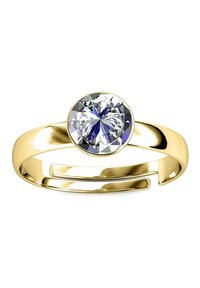 Anello in oro con una grande pietra rotonda trasparente dal design multifaccettato. Superficie liscia e lucida con un design aperto sulla band.