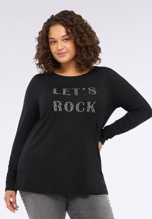 Schwarzes Langarmshirt mit dem Aufdruck "LET'S ROCK" in kristallähnlicher Verzierung. Weicher, elastischer Stoff mit lockerer Passform und rundem Halsausschnitt.