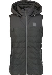Zwarte gevoerde vest met een gewatteerd design, ritssluiting, zijzakken en een glad bovenpaneel. Voorzien van een klein logo-opdruk op de borst.
