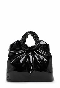 Sac à main en cuir verni noir avec une anse supérieure froncée et plissée, à la surface lisse et brillante, présentant un design plissé et sans matériel visible.