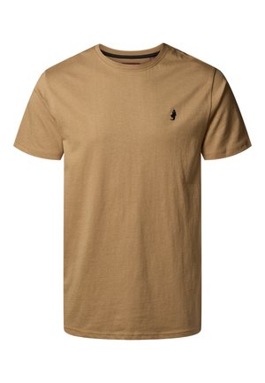 Tricou din bumbac maro cu decolteu rotund, mâneci scurte și un mic logo negru pe pieptul stâng. Textură netedă, croi lejer.