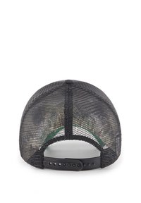 Black mesh trucker cap with a structured shape, adjustable plastic snapback, green underbrim, and camo print on the front panel.