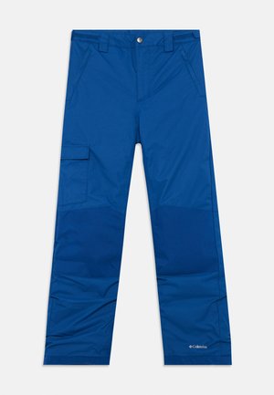 Pantaloni outdoor blu, realizzati in materiale sintetico, presentano un design a gamba dritta, tasche laterali e un logo vicino all'orlo inferiore. Texture liscia.