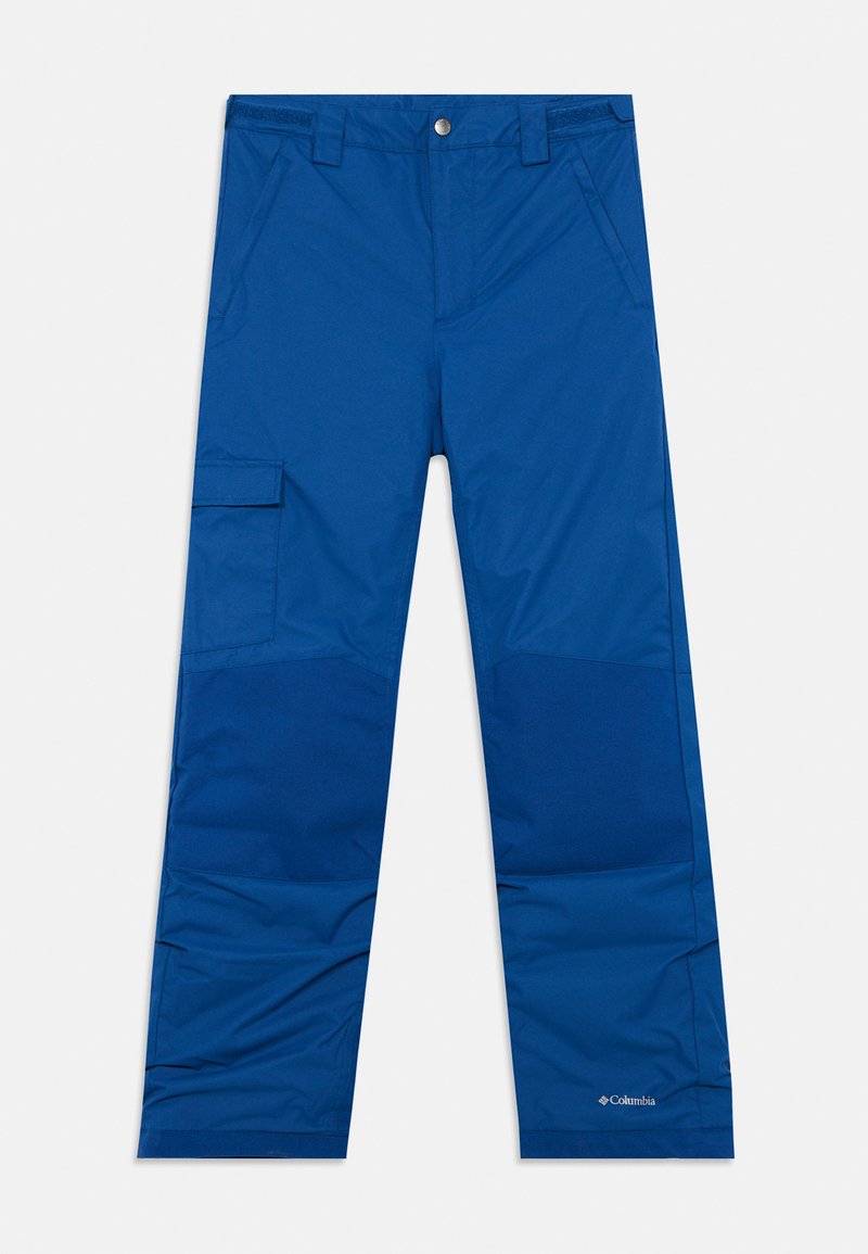 Blaue Outdoor-Hosen aus synthetischem Material, mit geradem Bein, Seitentaschen und einem Logo nahe dem unteren Saum. Glatte Textur.