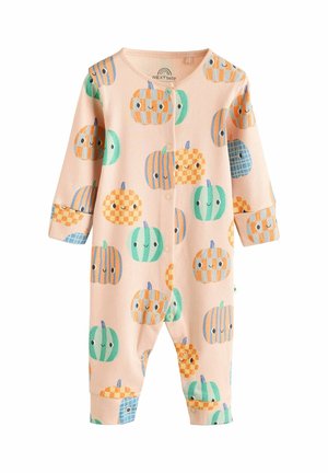 Långärmad, ribbad bodysuit i persiko med färgglada pumpamönster i grönt och orange, med tryckknappar längs framsidan.