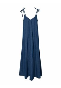 Denim maksi haljina s tankim podesivim trakama, V-izrezom i lepršavim siluetom. Boja: tamnoplava. Glatka tekstura bez uzoraka.