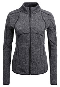 Dark gray zip-up jacket with long sleeves, high collar, curved seams, and front side pockets in textured fabric.
