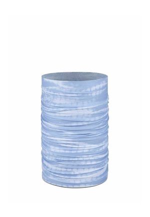 Scaldacollo tubolare senza cuciture tie-dye azzurro chiaro e bianco con logo Buff discreto, progettato per un uso versatile all'aperto.