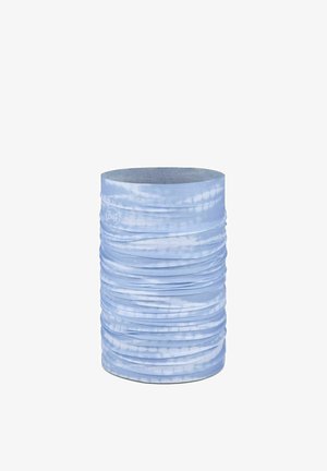 Scaldacollo tubolare senza cuciture tie-dye azzurro chiaro e bianco con logo Buff discreto, progettato per un uso versatile all'aperto.