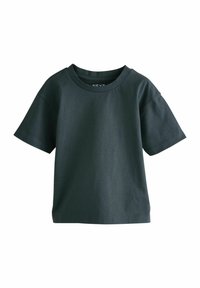 T-shirt vert foncé à manches courtes en coton avec un col rond. Texture lisse, coupe décontractée, sans motifs ni accents visibles.