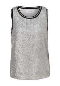 Top à paillettes argentées avec un col rond, des accents noirs et une coupe décontractée. Le matériau est brillant et texturé avec des paillettes denses.