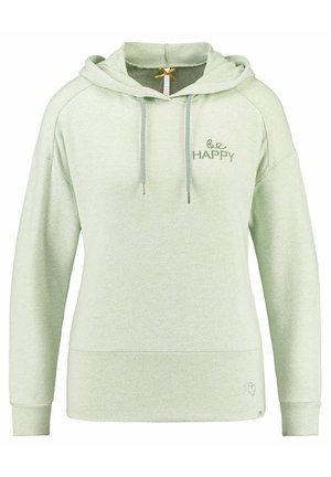 Jasnozielona bluza z kapturem, z długimi rękawami i haftowanym napisem ""be HAPPY"" na lewej piersi.