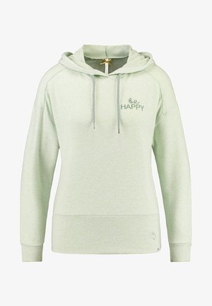 Jasnozielona bluza z kapturem, z długimi rękawami i haftowanym napisem ""be HAPPY"" na lewej piersi.