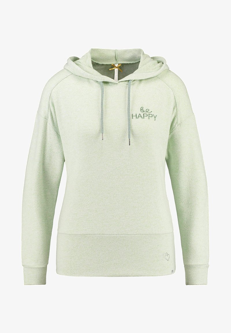 Sweat à capuche vert clair à manches longues avec le texte « "be HAPPY" » brodé sur la poitrine gauche.