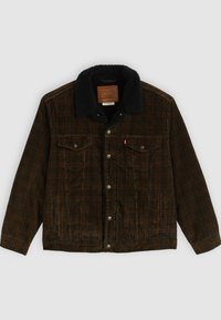 Brown corduroy jacket with a black fleece collar, two chest pockets, silver buttons, and a label on the inner neck. Soft textured fabric.