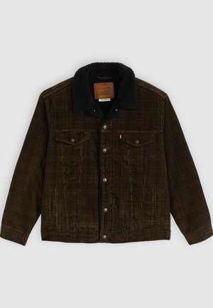 Brown corduroy jacket with a black fleece collar, two chest pockets, silver buttons, and a label on the inner neck. Soft textured fabric.