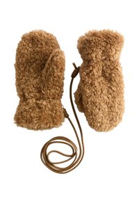 Manoplas marrones y esponjosas con un material texturizado similar a piel, que cuentan con un puño de punto y un cordón a juego para un ajuste seguro.