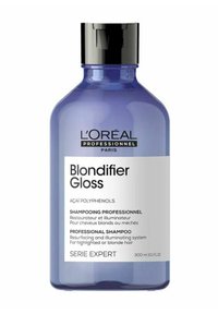 L'Oréal Professionnel Blondifier Gloss shampoo in a 300ml transparent blue bottle with a black cap, featuring a label with multilingual text.
