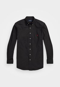 Camicia nera a maniche lunghe con bottoni, realizzata in cotone. Presenta un colletto classico, bottoni bianchi e un piccolo logo ricamato rosso sul petto.