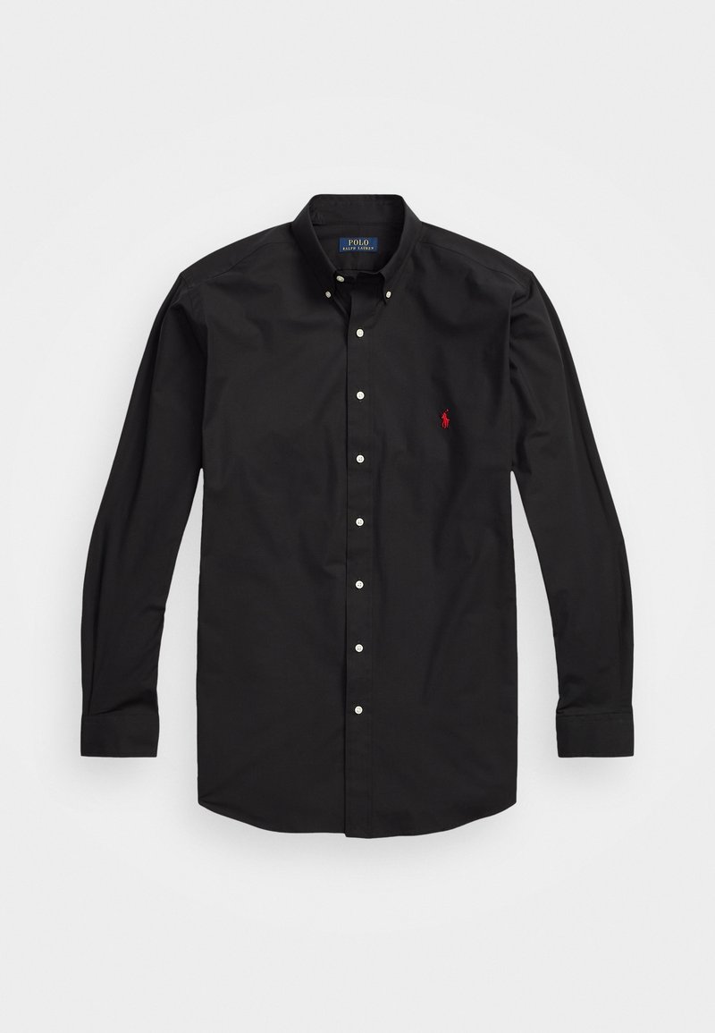 Camicia nera a maniche lunghe con bottoni, realizzata in cotone. Presenta un colletto classico, bottoni bianchi e un piccolo logo ricamato rosso sul petto.