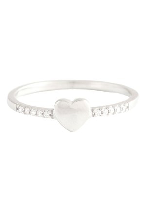 Silver ring with a polished heart centerpiece and small diamonds set along the band on each side.