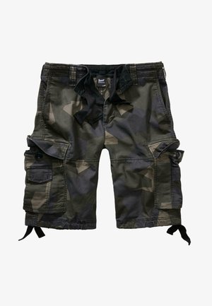 Cargo-Shorts im dunkelgrünen Camouflage-Muster, aus Baumwolle, mit mehreren Seitentaschen, elastischem Bund und verstellbaren Saumkordeln.