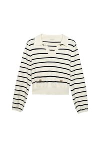 Kurze Ärmel, V-Ausschnitt Pullover in Creme mit Marineblau gestreift. Enthält einen Kragen, elastische Bündchen und zwei Fronttaschen mit goldenen Knöpfen.