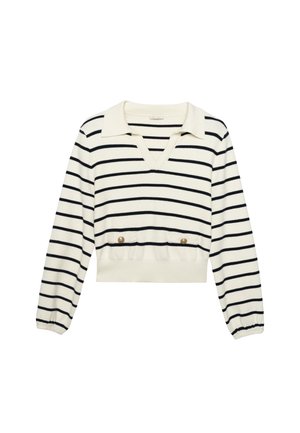 Korte mouwen, V-hals pullover in crème met marineblauwe strepen. Voorzien van een kraag, elastische mouwen en twee voorkeurszakken met gouden knopen.