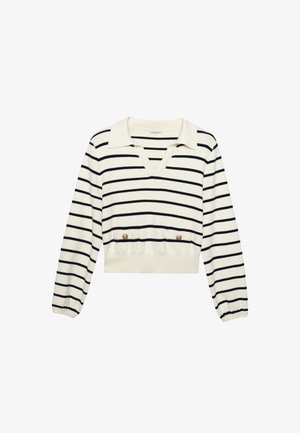 Korte mouwen, V-hals pullover in crème met marineblauwe strepen. Voorzien van een kraag, elastische mouwen en twee voorkeurszakken met gouden knopen.