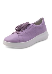 Purple leather sneaker with rounded toe, lace-up front, textured panels, and white rubber sole. Smooth finish with tonal laces.