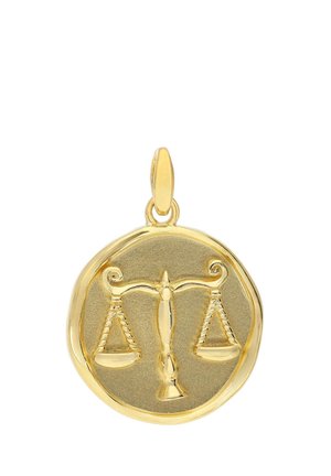 Gold pendant shaped as a round coin embossed with balanced scales symbolizing justice, with a loop for attaching to a necklace.