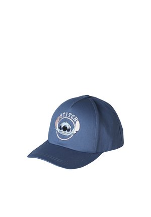 Blue baseball cap featuring an embroidered Stitch character face and the word "STITCH" above it on the front panel.