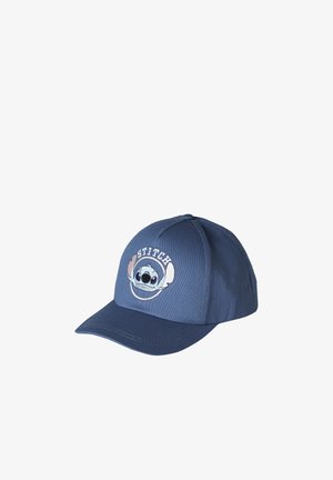 Blue baseball cap featuring an embroidered Stitch character face and the word "STITCH" above it on the front panel.