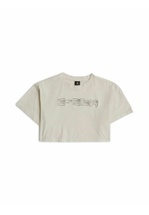 Hellbeiges, kurz geschnittenes T-Shirt mit kurzen Ärmeln und schwarz umrandetem "G-STAR"-Logo auf der Brust.