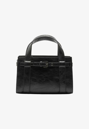 Czarna skórzana torebka o strukturalnym designie, z podwójnymi uchwytami u góry, akcentem w postaci zapięcia i pionowymi detalami ściegów. Gładka faktura, prostokątny kształt.