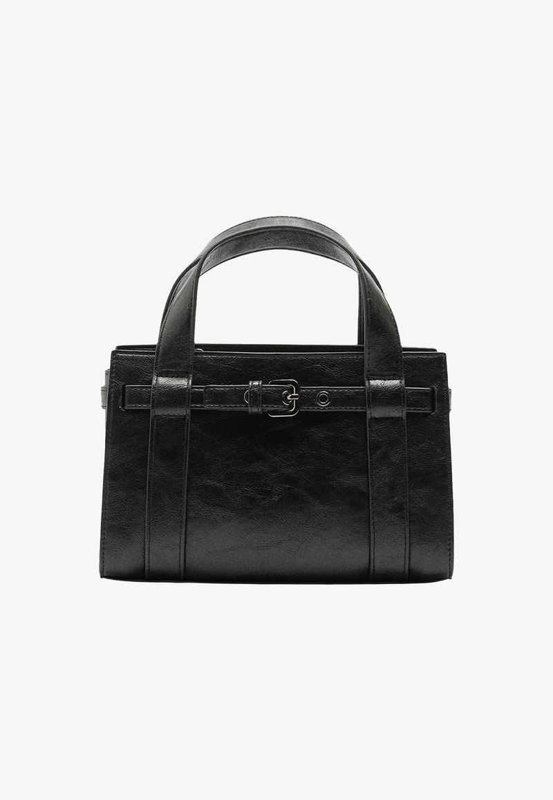 Czarna skórzana torebka o strukturalnym designie, z podwójnymi uchwytami u góry, akcentem w postaci zapięcia i pionowymi detalami ściegów. Gładka faktura, prostokątny kształt.