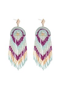 Pendientes de cuentas con una parte superior redondeada en verde menta, púrpura y dorado, con borlas en azul claro, lavanda y melocotón.