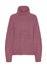 Rosa, weicher Strickpullover mit hohem Rollkragen und lockerer Passform. Verfügt über eine gerippte Struktur und überschnittene Schultern für einen übergroßen Look.