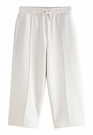 Hellgraue, weiche Jogginghosen aus Stoff mit einem elastischen Bund, Kordelzug und Seitentaschen; entworfen im entspannten, cropped Schnitt.