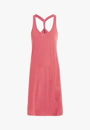 Sukkanen mekko pehmeästä korallikankaasta, jossa on hihaton malli. Takana on kierretty solmu yksityiskohta ja rento A-linjainen muoto.