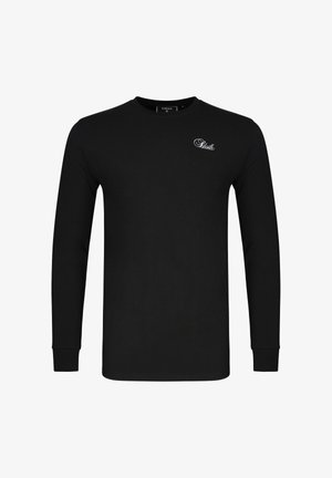 Czarna koszulka z długim rękawem i okrągłym dekoltem, z małym białym logo "Siksilk" na lewej górnej części klatki piersiowej, ściągaczami na mankietach i dopasowanym krojem.