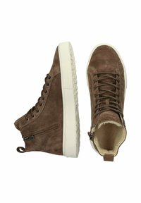 Brune ruskind højtop sneakers med hvid gummisål, der har snørebåndsdesign, sidelukning med lynlås og blødt indre for.