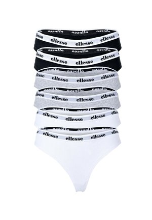 Zeven paar damesonderbroeken in zwart, wit en grijs. Elk met een merk-elastische tailleband met het 'ellesse' logo. Katoenen materiaal, klassiek ontwerp.