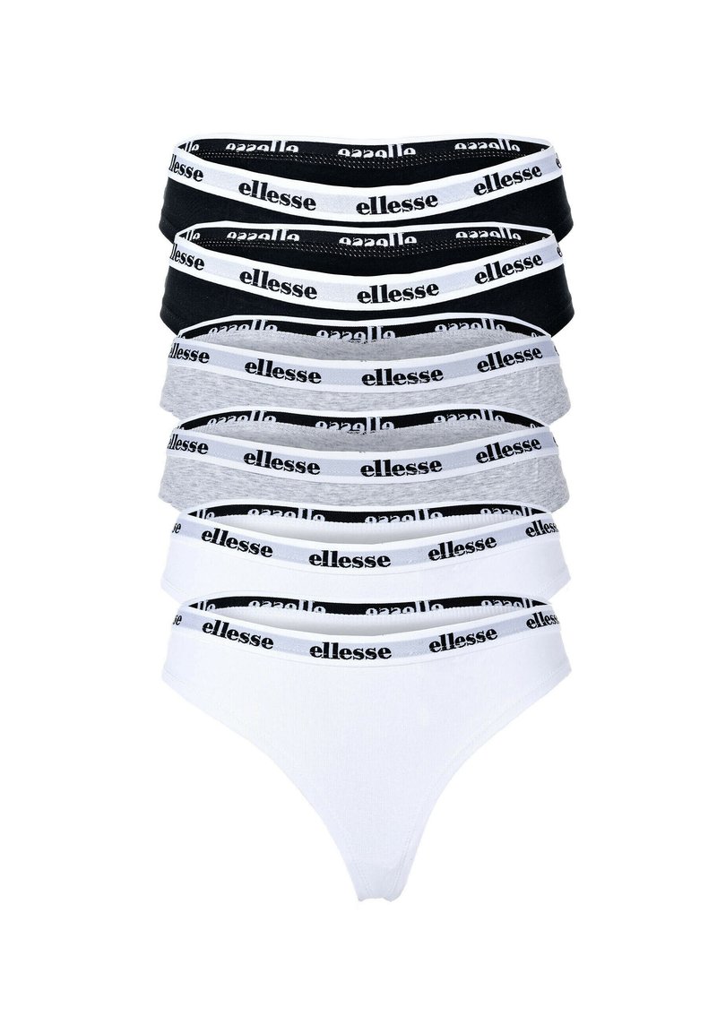 Set di sette paia di mutandine da donna in nero, bianco e grigio. Ognuna presenta un elastico in vita con logo 'ellesse'. Materiale in cotone, design classico.