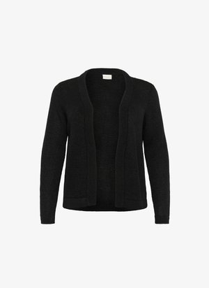 Schwarze Strickjacke mit offenem Vorderteil, langen Ärmeln und strukturiertem Strickmuster. Besitzt zwei Fronttaschen und einen lockeren Schnitt.