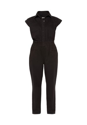 Czarny kombinezon z krótkim rękawem, z kołnierzem, elastycznym paskiem w talii, zapinany z przodu na guziki, z kieszenią na piersi oraz dwoma kieszeniami po bokach.