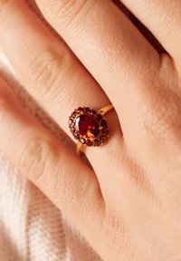 Gouden ring met een ovale rode edelsteen in het midden, omgeven door kleinere rode stenen, gezet op een gestructureerde hand. De ring heeft een dunne band.